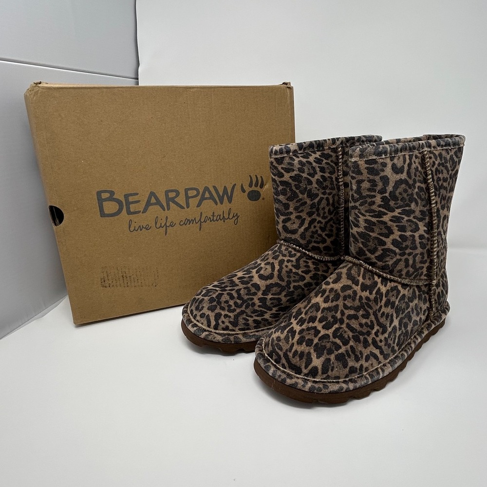 Bearpaw‎ Elle Exotic 2776Y Girls 4 M Boots Brown Black Leopard Wool Lined Winter